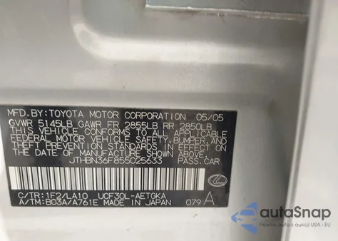 2005 Lexus Ls 430 из США, поврежденный, VIN JTHBN36F855025633